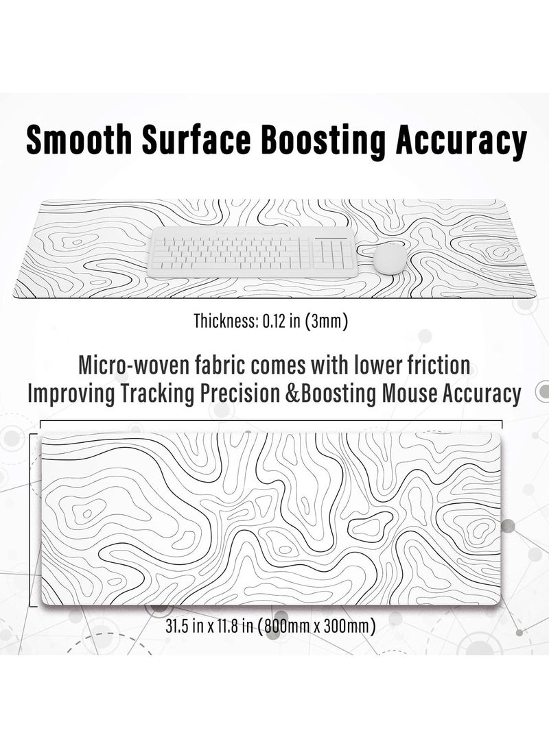 Large Gaming Mouse Pad with Stitched Edges, Minimalist Topographic Map Desk Mat, Extended XL Mousepad with Anti-Slip Base, Cool Desk Pad for Keyboard and Mouse, 31.5 x 11.8 in, White  - Image 3