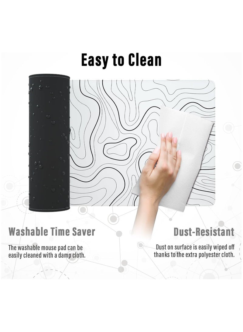 Large Gaming Mouse Pad with Stitched Edges, Minimalist Topographic Map Desk Mat, Extended XL Mousepad with Anti-Slip Base, Cool Desk Pad for Keyboard and Mouse, 31.5 x 11.8 in, White  - Image 5