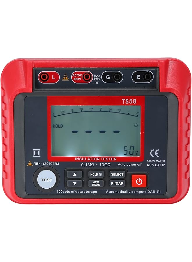PROMASS promass TS58 Digital Insulation Resistance Tester 0.1MΩ-10GΩ Megohmmeter with LCD Backlit Display AC DC 10-600V Maximum 2000 Counts DAR PI Index Insulated Resistance Meter Kit with Zipper Bag  - Image 1