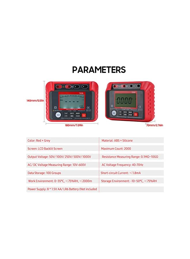 PROMASS promass TS58 Digital Insulation Resistance Tester 0.1MΩ-10GΩ Megohmmeter with LCD Backlit Display AC DC 10-600V Maximum 2000 Counts DAR PI Index Insulated Resistance Meter Kit with Zipper Bag  - Image 5