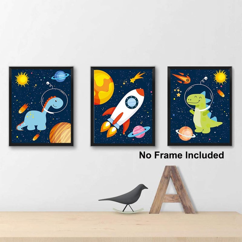 KAIRNE Dinosaur Outer Space Art Print  Solar System Planet Canvas Poster Set Of 4 (8X10inch Unframed) Animal Astronaut Wall Art For Kid Room Decor - Image 3