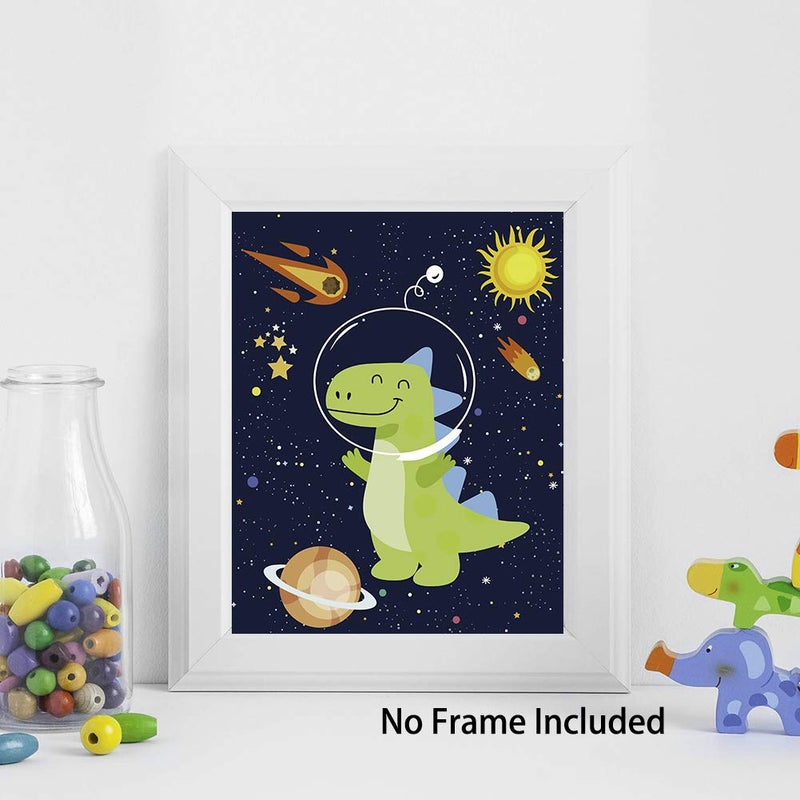 KAIRNE Dinosaur Outer Space Art Print  Solar System Planet Canvas Poster Set Of 4 (8X10inch Unframed) Animal Astronaut Wall Art For Kid Room Decor - Image 5