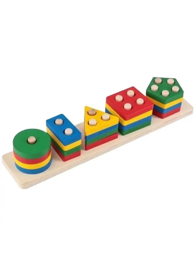 Montessori Wooden Shape Sorter for Toddlers – 5 Geometric Stacking Puzzles in 4 Vibrant Colors | Educational STEM Toy for Fine Motor Skills & Color Recognition | Early Learning Counting Blocks Gift for Boys & Girls Ages 2+