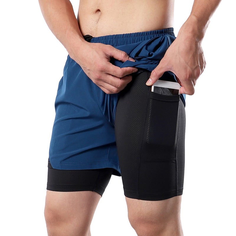2-In-1 Men Running Shorts with Towel Loop Pockets Quick Dry Exercise Shorts for Training Gym Workout - Image 1