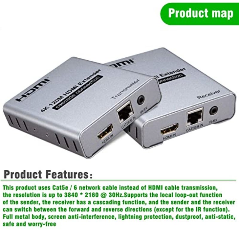 موسع HDMI 4K 120 هرتز للمسرح المنزلي، سبائك الألومنيوم الأسود، مجموعة RJ45 عبر Cat6 Ethernet TX/RX تدعم PS4، DVD، صندوق التلفزيون، الكمبيوتر الشخصي إلى التلفزيون - Image 3
