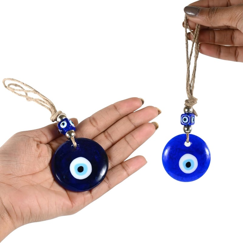 VKORA Handmade Evil Eye Hanging with 2 Silver Beads with 5 Cm Blue Glass for Good Luck Prosperity Zodiac Success Health Wealth Suitable for Home Décor Shop Office & Car| Good Luck Charm - Image 2