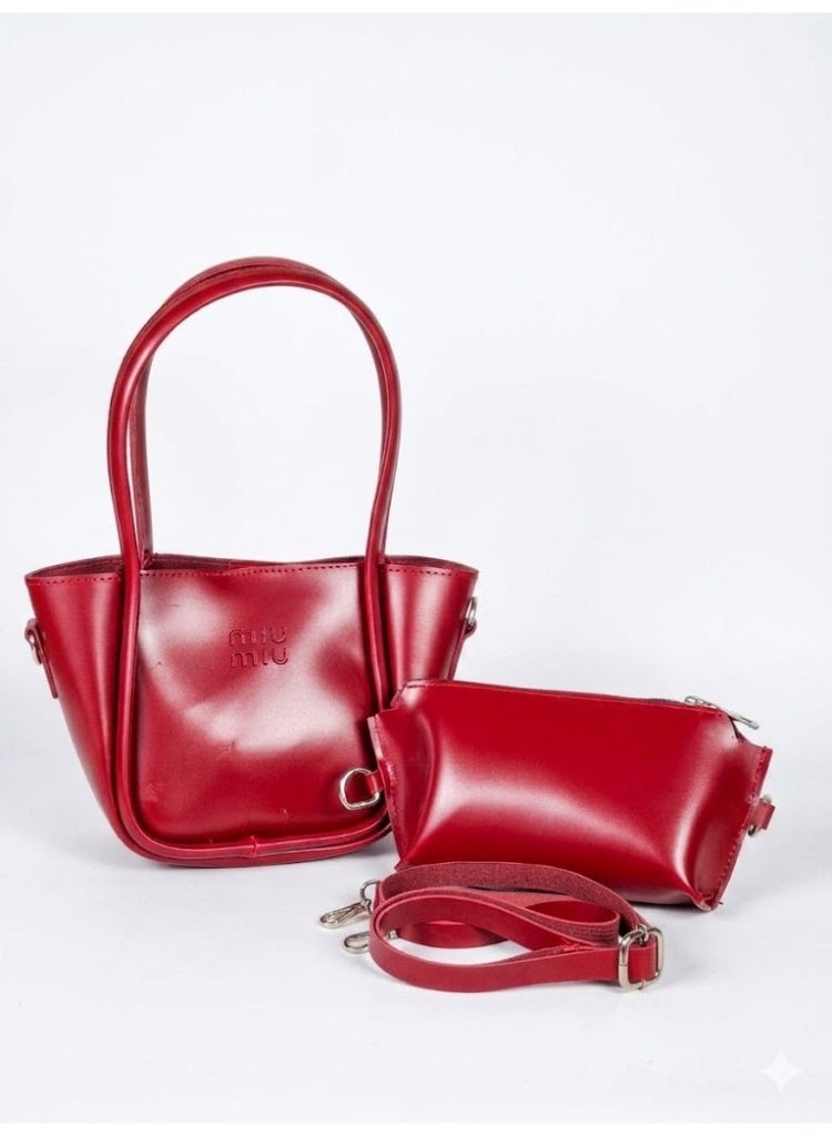 Miu Miu 2-in-1 Leather Handbag Set with Matching Pouch - Red