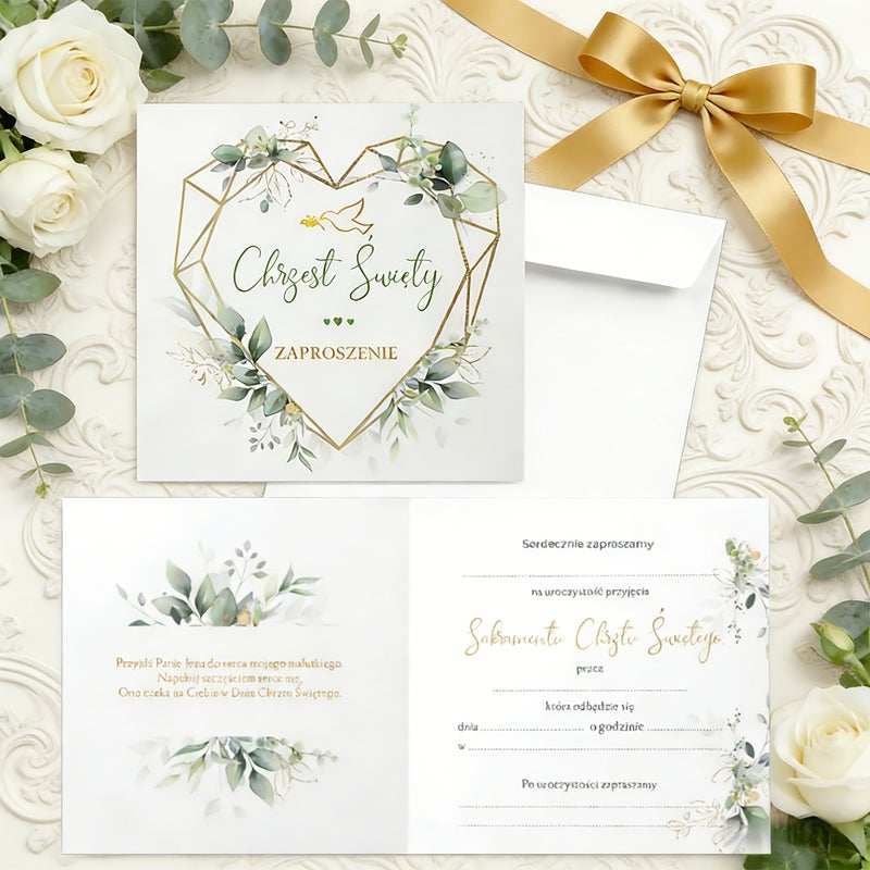 12 Pcs Baptism Invitations for Christening Eucalyptus Greenery Gold Design Holy Communion Catholic Party Supplies - Image 1