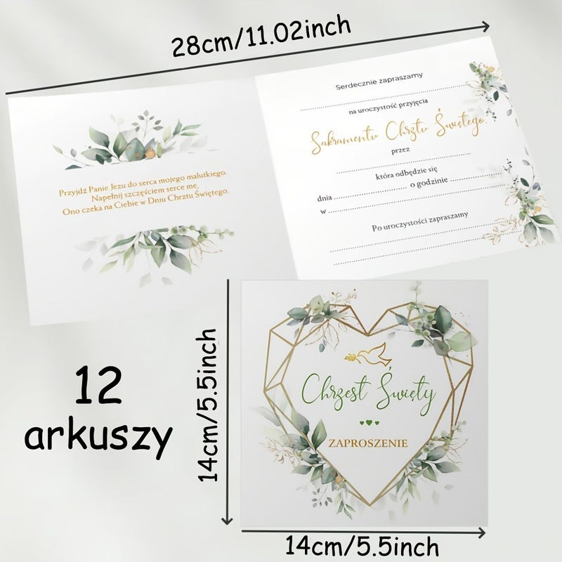 12 Pcs Baptism Invitations for Christening Eucalyptus Greenery Gold Design Holy Communion Catholic Party Supplies - Image 3