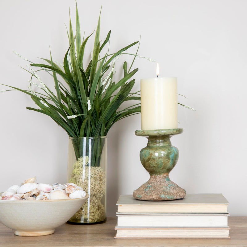 Creative Co-Op 2-Tone Sculptural Terracotta Pillar Candle Holder, Distressed Green - Image 3