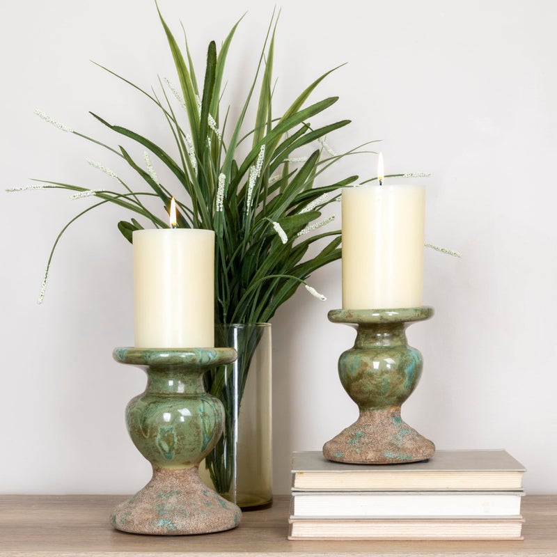 Creative Co-Op 2-Tone Sculptural Terracotta Pillar Candle Holder, Distressed Green - Image 4