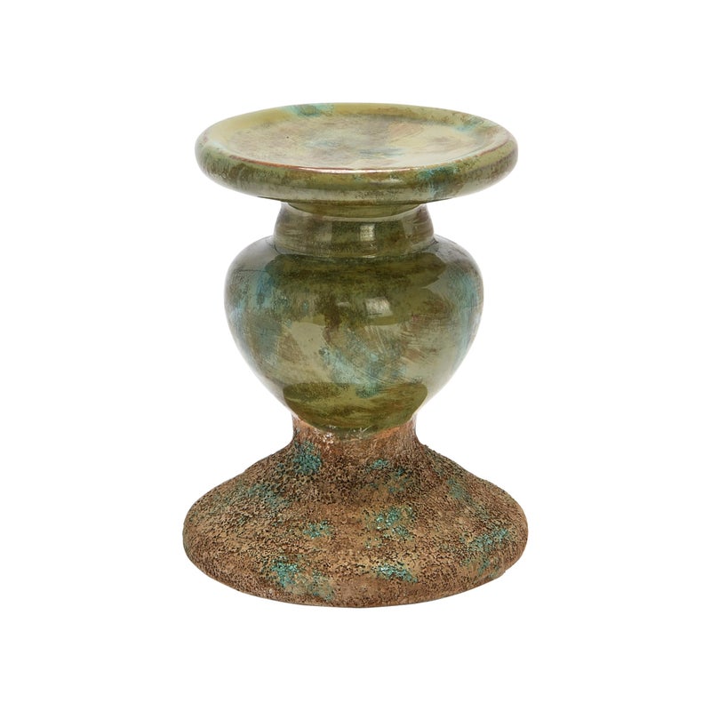 Creative Co-Op 2-Tone Sculptural Terracotta Pillar Candle Holder, Distressed Green - Image 1