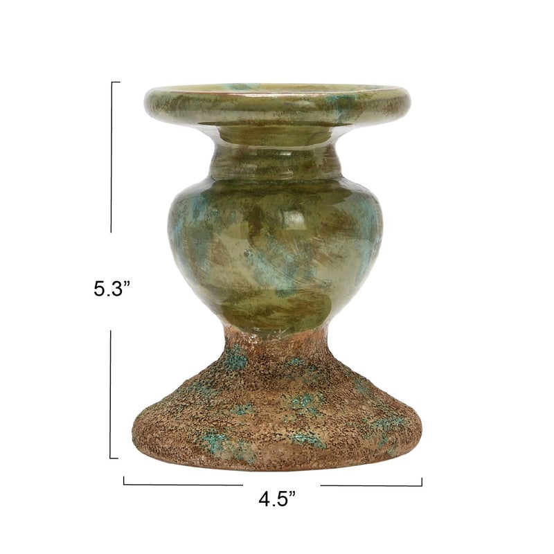 Creative Co-Op 2-Tone Sculptural Terracotta Pillar Candle Holder, Distressed Green - Image 2