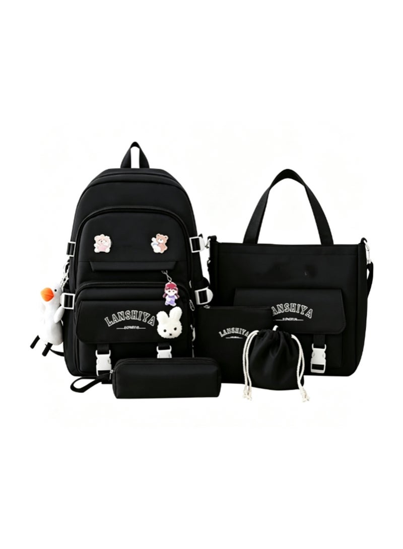 Arabest Kawaii 5-piece backpack set, cute school aesthetic schoolbag, youth supplies backpack set and accessories (Black Schoolbag ，Five piece set+badge rabbit head+refueling duck pendant，16.5x 12.2x 5.5 inch) - Image 1