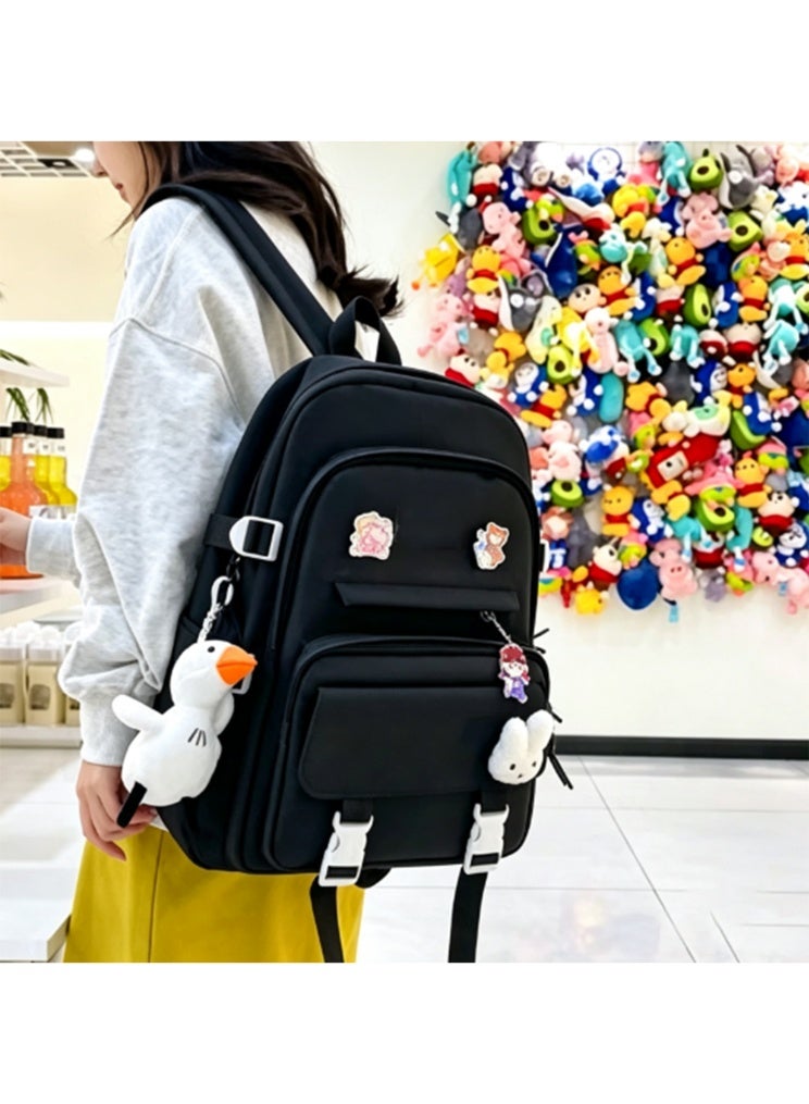 Arabest Kawaii 5-piece backpack set, cute school aesthetic schoolbag, youth supplies backpack set and accessories (Black Schoolbag ，Five piece set+badge rabbit head+refueling duck pendant，16.5x 12.2x 5.5 inch) - Image 5