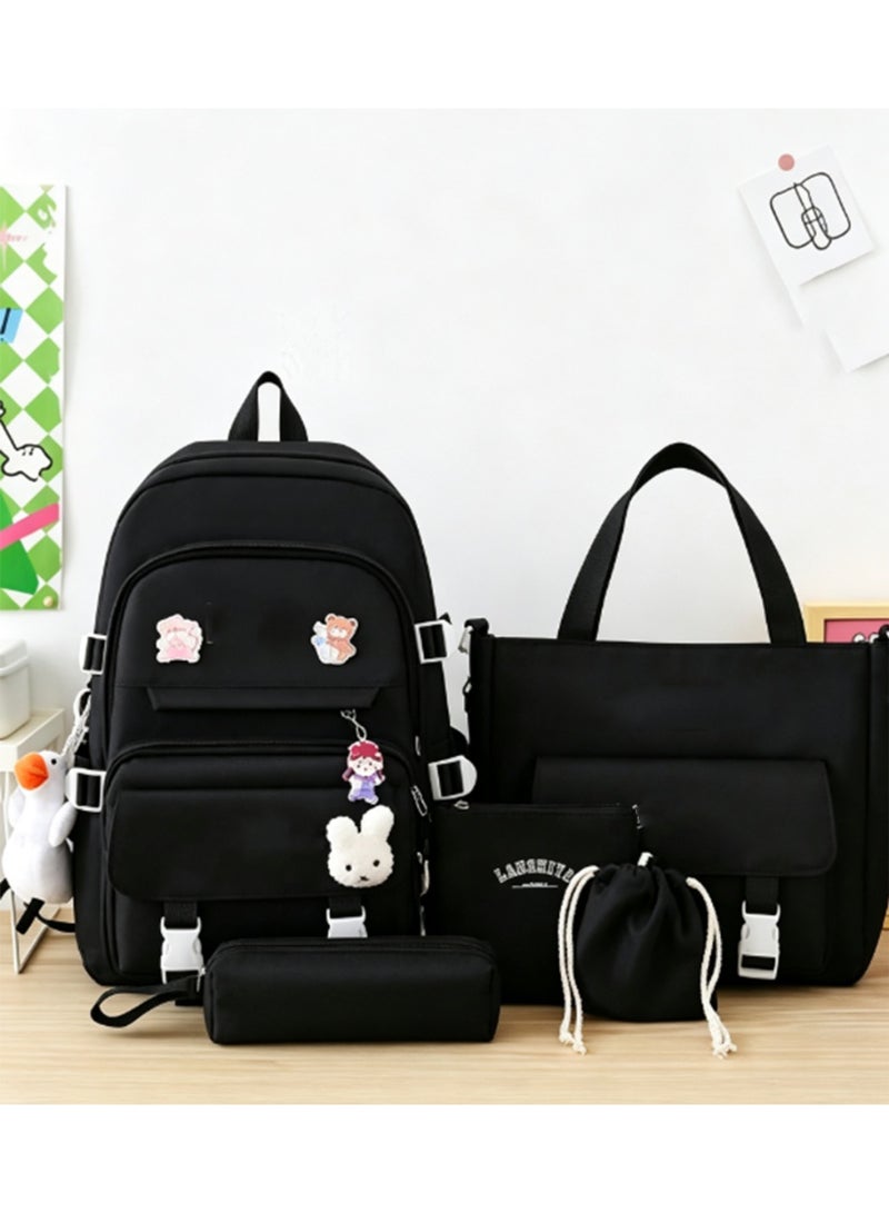 Arabest Kawaii 5-piece backpack set, cute school aesthetic schoolbag, youth supplies backpack set and accessories (Black Schoolbag ，Five piece set+badge rabbit head+refueling duck pendant，16.5x 12.2x 5.5 inch) - Image 3
