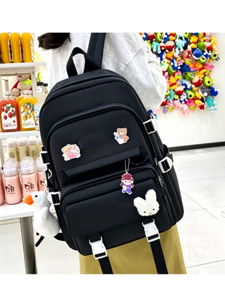 Arabest Kawaii 5-piece backpack set, cute school aesthetic schoolbag, youth supplies backpack set and accessories (Black Schoolbag ，Five piece set+badge rabbit head+refueling duck pendant，16.5x 12.2x 5.5 inch) - Image 4