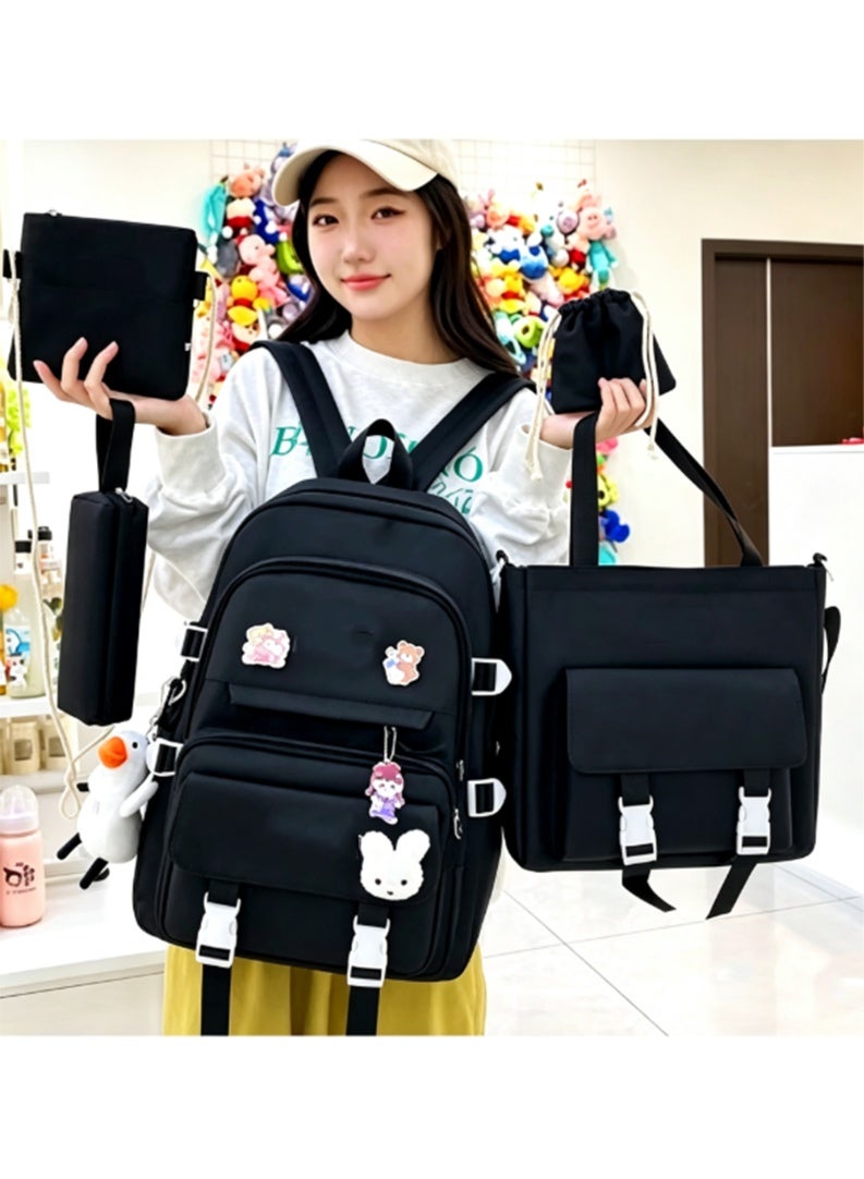 Arabest Kawaii 5-piece backpack set, cute school aesthetic schoolbag, youth supplies backpack set and accessories (Black Schoolbag ，Five piece set+badge rabbit head+refueling duck pendant，16.5x 12.2x 5.5 inch) - Image 2