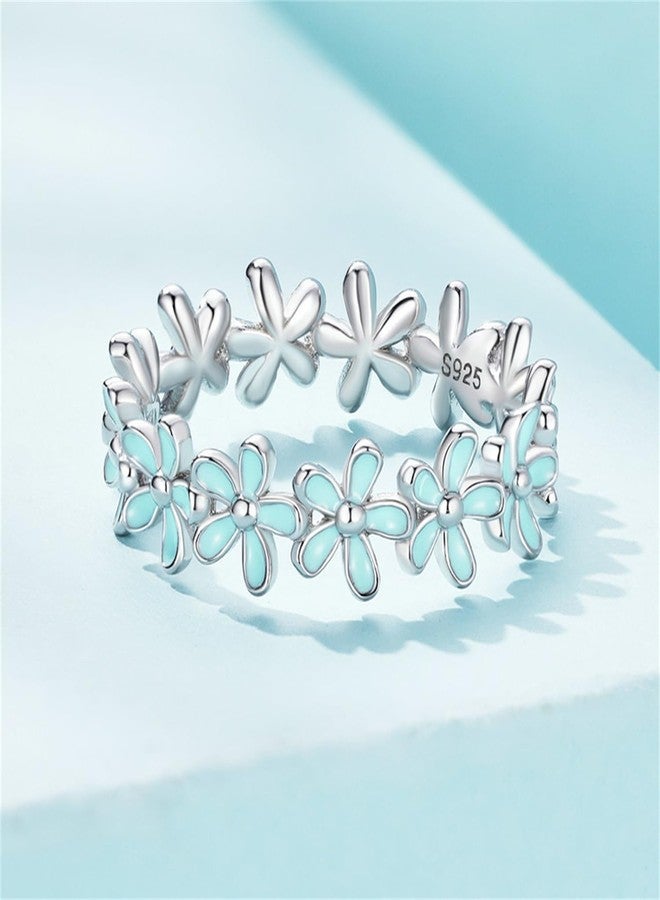 BISAER 925 Sterling Silver Blue Flower Ring Blue Color Floral Stack Solitaire Finger Rings for Women Teens Gift Jewelry - Image 2