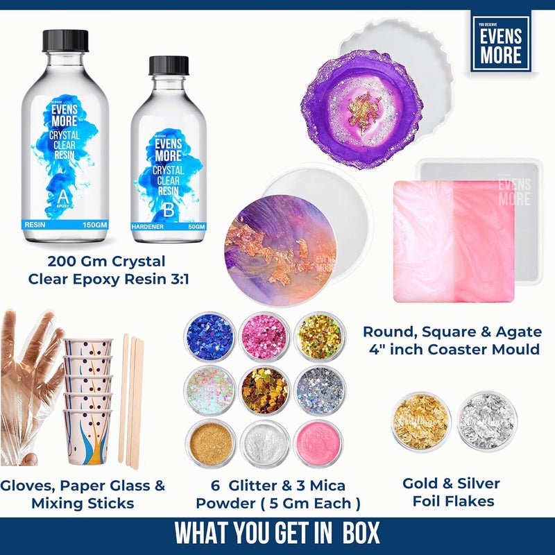 EVENS MORE DIY Resin 4 Inch Coaster Kit with 200Gm Crystal Clear Resin and Glitter Round and Agate Mould (Coaster Kit) - Image 2