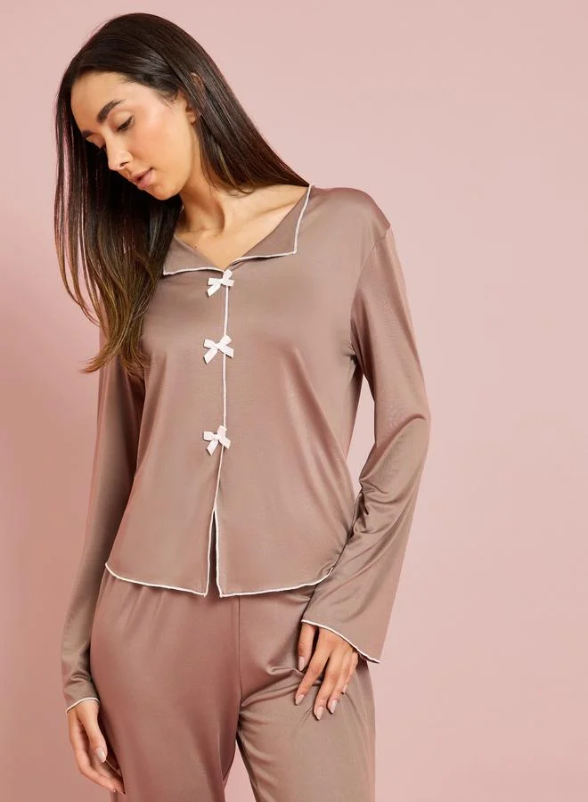 ستايلي Brown Contrast Trims Bow Detail Blouse and Pants Pyjama Set