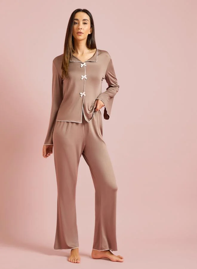 ستايلي Brown Contrast Trims Bow Detail Blouse and Pants Pyjama Set