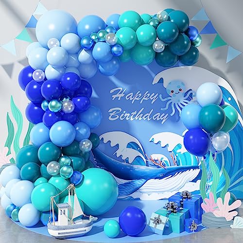 Togvu Blue Balloon Garland Arch Kit 112 Pcs Pastel Baby Light Blue Royal Blue Slate Teal Blue Turquoise Metallic Green Under the Sea Balloon Arch Kit for Boys Ocean Birthday Baby Shower Party Decorations - Image 1