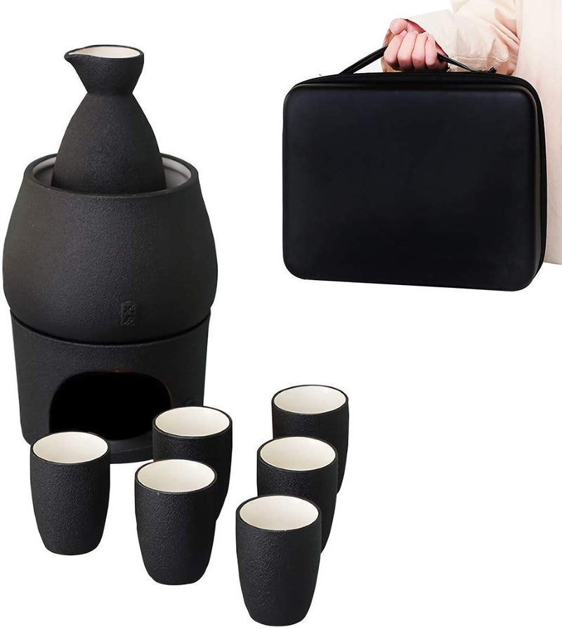 Lyty Ceramic Sake Set Cups with Warmer + Sake Saki Drink Storage Box, Porcelain Pottery Hot Cold Saki Drink, 9pcs include 1 Stove 1 Warming Bowl 1 Sake Bottle 6 Cup - Image 3