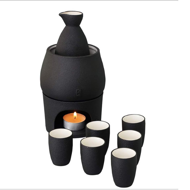 Lyty Ceramic Sake Set Cups with Warmer + Sake Saki Drink Storage Box, Porcelain Pottery Hot Cold Saki Drink, 9pcs include 1 Stove 1 Warming Bowl 1 Sake Bottle 6 Cup - Image 5
