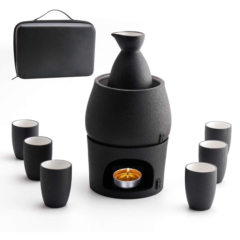 Lyty Ceramic Sake Set Cups with Warmer + Sake Saki Drink Storage Box, Porcelain Pottery Hot Cold Saki Drink, 9pcs include 1 Stove 1 Warming Bowl 1 Sake Bottle 6 Cup - Image 1