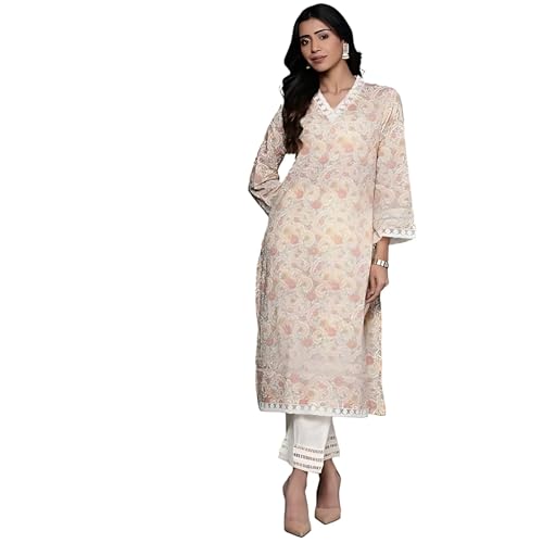 Varanga Women Off-White Floral Printed Straight Kurta – V Neck, Lace Detail, Long Flared Sleeves, Stylish & Elegant - Image 1