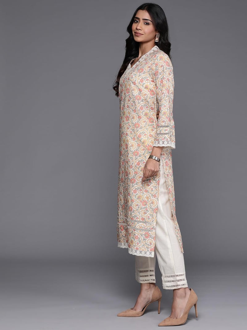 Varanga Women Off-White Floral Printed Straight Kurta – V Neck, Lace Detail, Long Flared Sleeves, Stylish & Elegant - Image 3