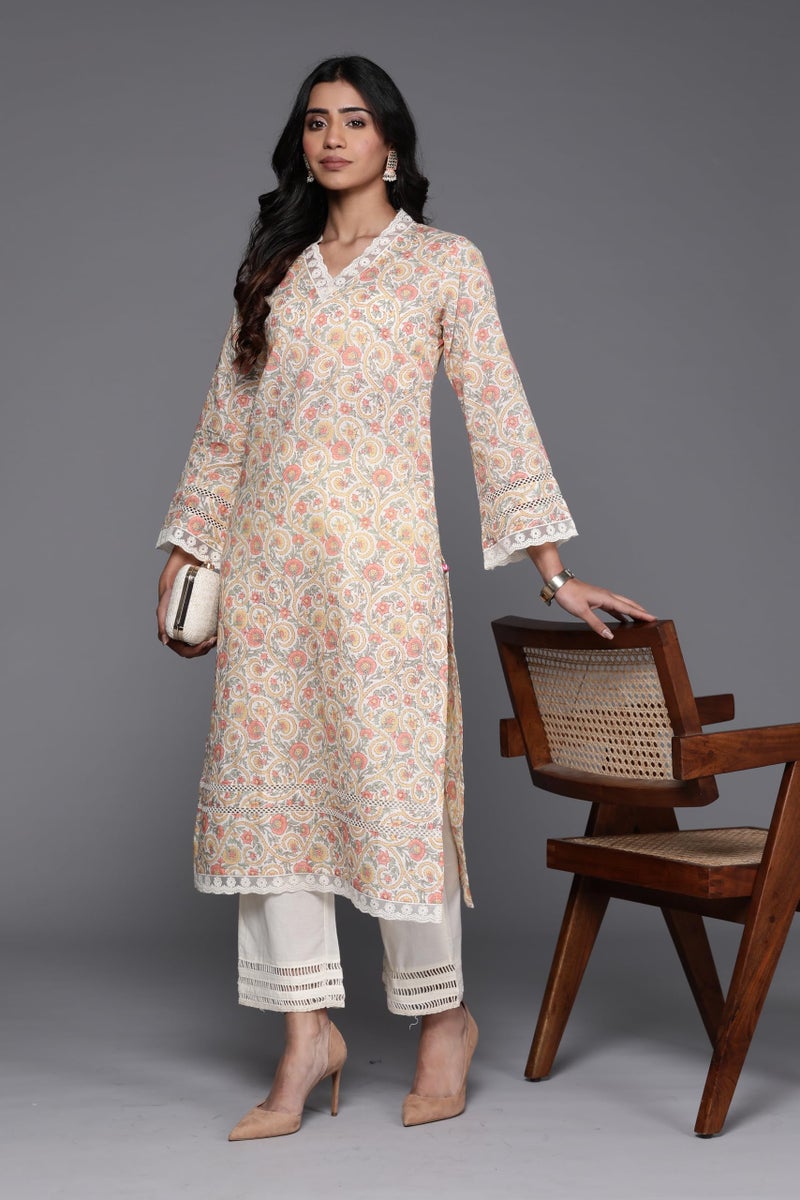 Varanga Women Off-White Floral Printed Straight Kurta – V Neck, Lace Detail, Long Flared Sleeves, Stylish & Elegant - Image 5