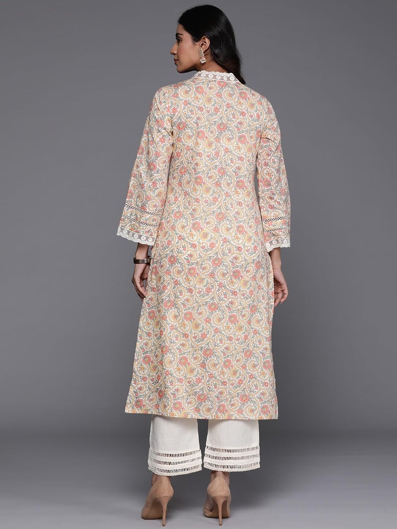 Varanga Women Off-White Floral Printed Straight Kurta – V Neck, Lace Detail, Long Flared Sleeves, Stylish & Elegant - Image 2