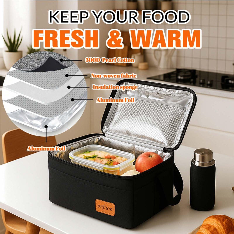 ONFAON Lunch Bag for Men/Women, Insulated Reusable Lunch Box Leakproof Cooler Tote Bag Freezable with Adjustable Shoulder Strap for Office Work Picnic Beach(Black) - Image 2
