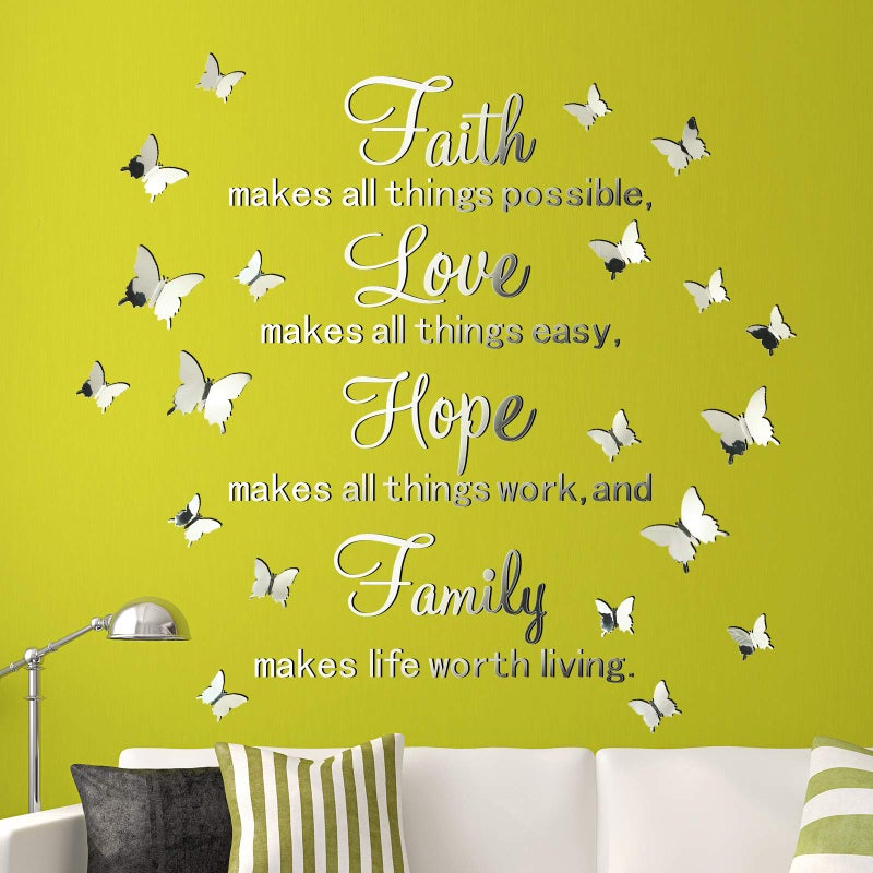 Zonon 3D Acrylic Mirror Decal Wall Decor Stickers Family Letter Quotes Wall Stickers Removable DIY Motivational Family Butterfly Mirror Stickers for Home Office Dorm Mirror Wall Decoration Black 