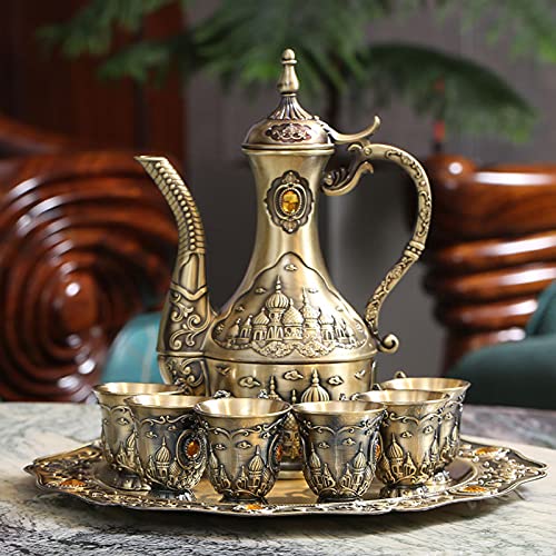 Igtazy Vintage Turkish Coffee Pot Set for 6 Including Tray and Teapot,Metal Cups,Teapot and Cup Set for One,Tea Service Set for Home Tea Table Decor,Wedding Ornaments(Brass) - Image 4