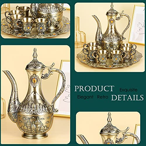 Igtazy Vintage Turkish Coffee Pot Set for 6 Including Tray and Teapot,Metal Cups,Teapot and Cup Set for One,Tea Service Set for Home Tea Table Decor,Wedding Ornaments(Brass) - Image 3