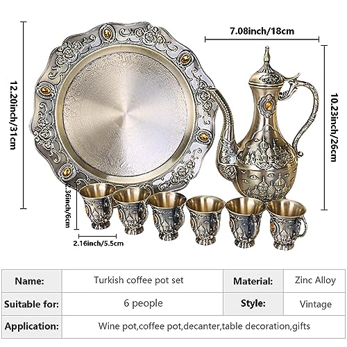 Igtazy Vintage Turkish Coffee Pot Set for 6 Including Tray and Teapot,Metal Cups,Teapot and Cup Set for One,Tea Service Set for Home Tea Table Decor,Wedding Ornaments(Brass) - Image 2