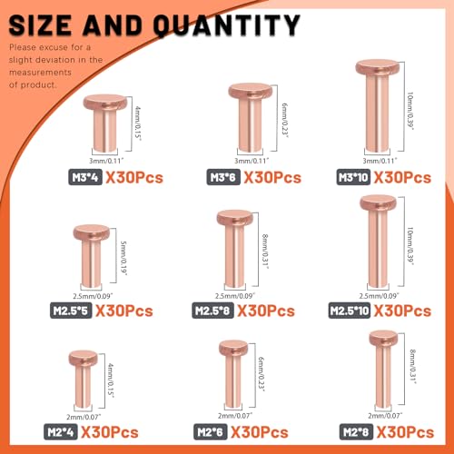 Tanstic 270Pcs Flat Head Copper Solid Rivets, M2x4/6/8, M2.5x5/8/10, M3x4/6/10 Solid Copper Rivets Fasteners for Electrical Applications Copper Finish Copper Tone - Image 2