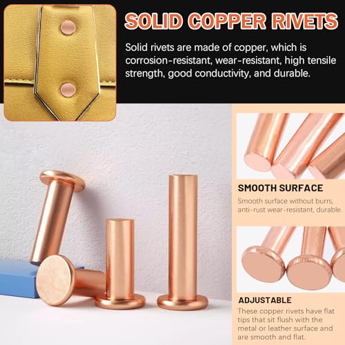 Tanstic 270Pcs Flat Head Copper Solid Rivets, M2x4/6/8, M2.5x5/8/10, M3x4/6/10 Solid Copper Rivets Fasteners for Electrical Applications Copper Finish Copper Tone - Image 3