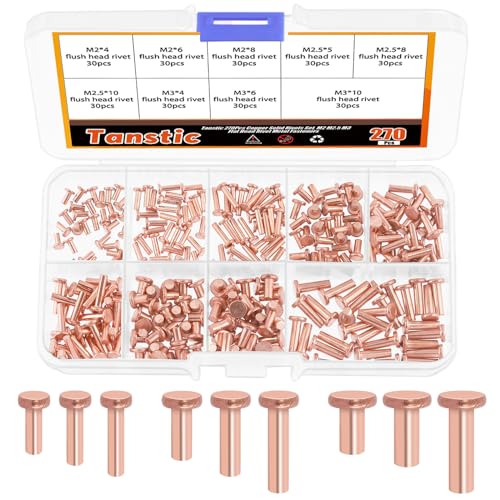 Tanstic 270Pcs Flat Head Copper Solid Rivets, M2x4/6/8, M2.5x5/8/10, M3x4/6/10 Solid Copper Rivets Fasteners for Electrical Applications Copper Finish Copper Tone - Image 1