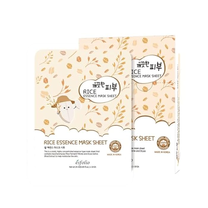esfolio Rice Essence Sheet Mask– Hydrating & Moisturizing Face Mask for Glowing Skin – Anti-Aging Korean Skincare with Rice Ferment Filtrate – Facial Mask (Pack of 10) - Image 1