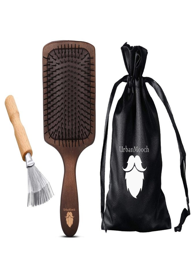 UrbanMooch Wooden Hair Brush For Men with Brush Cleaner | Nylon Bristles | Paddle Hair Brush For Men For Detangling, Massage And Smoothing | Detangler Hair Brush For All Hair Types - Image 1