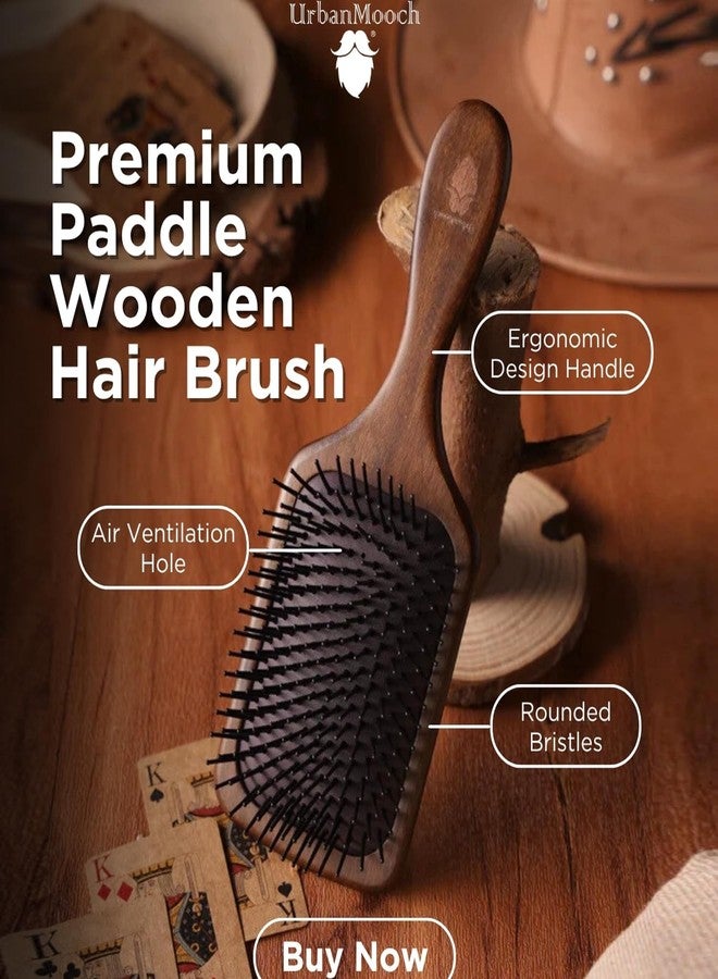 UrbanMooch Wooden Hair Brush For Men with Brush Cleaner | Nylon Bristles | Paddle Hair Brush For Men For Detangling, Massage And Smoothing | Detangler Hair Brush For All Hair Types - Image 3