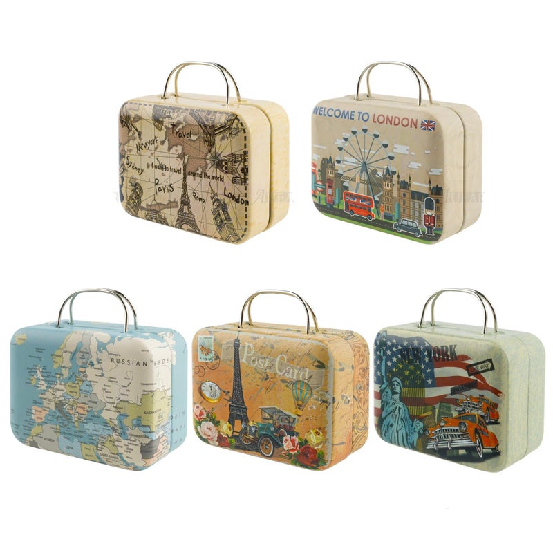 AUEAR 5 Pack Vintage Mini Suitcase Boxes Candy Box Tin Plate Gift Coin Storage Container with Hinged Lids for Party Wedding Decoration Style D - Image 3