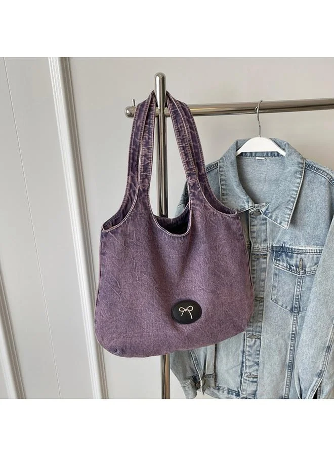 Take Two Purple Badge Detail Denim Tote Bag