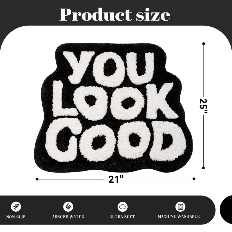 UNIBATH You Look Good Bath Mat Black and White Bathroom Rugs Funny Cute Bathroom Decor Preppy Small Cool Rug Non Slip Microfiber Washable Absorbent Shower Rug  25 x21 - Image 1