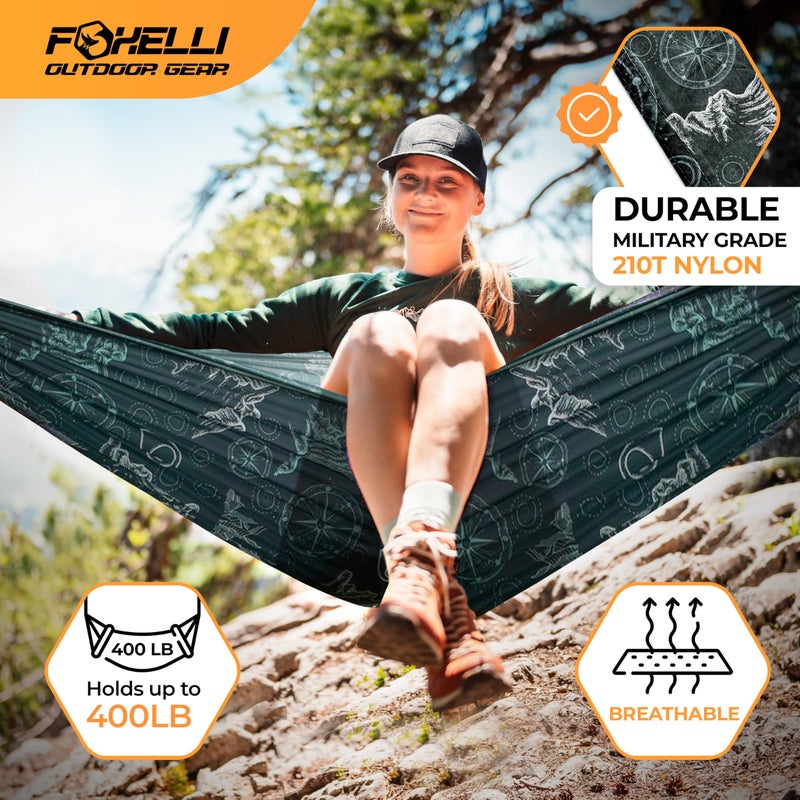Foxelli أرجوحة فوكسيلي للتخييم - أرجوحة خفيفة الوزن للتنزه، والمشي، والمهرجانات، والسفر - سهلة التركيب مع حبال صديقة للأشجار وكرابينات فولاذية، نايلون مظلة ثقيل - Image 3