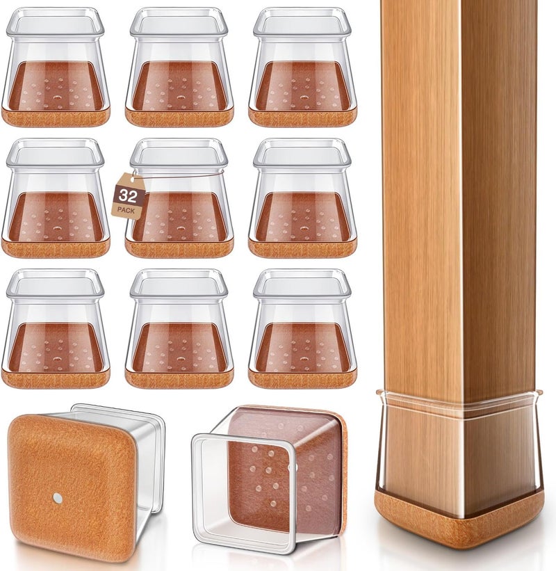 YOZON Chair Leg Floor Protectors Square Chair Leg Protectors for Hardwood Floors Silicone Caps Felt Strengthen Bottom Protection Anti-Scratch Reduce Noise 32 Pack Clear Square M Fit:13/16" to 1" (20-26mm) - Image 1